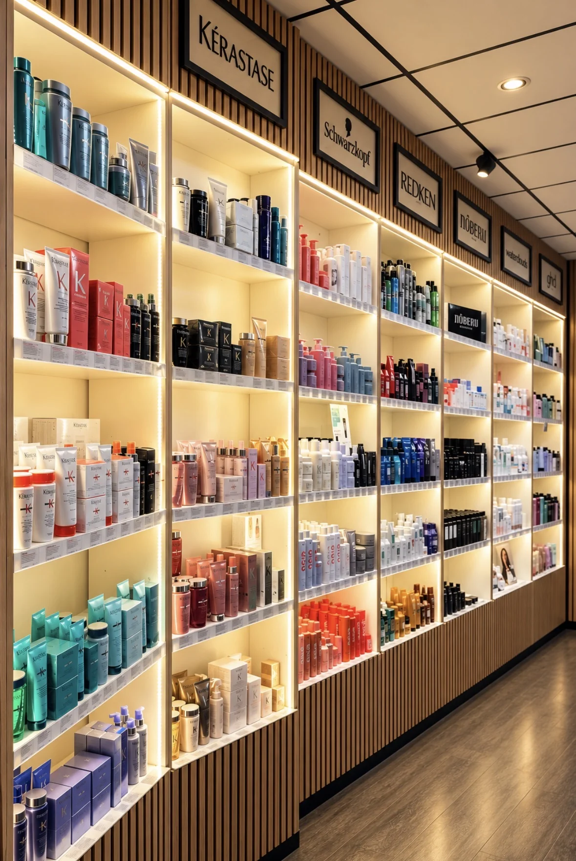 Salongens produkthylla med hårvård och stylingprodukter