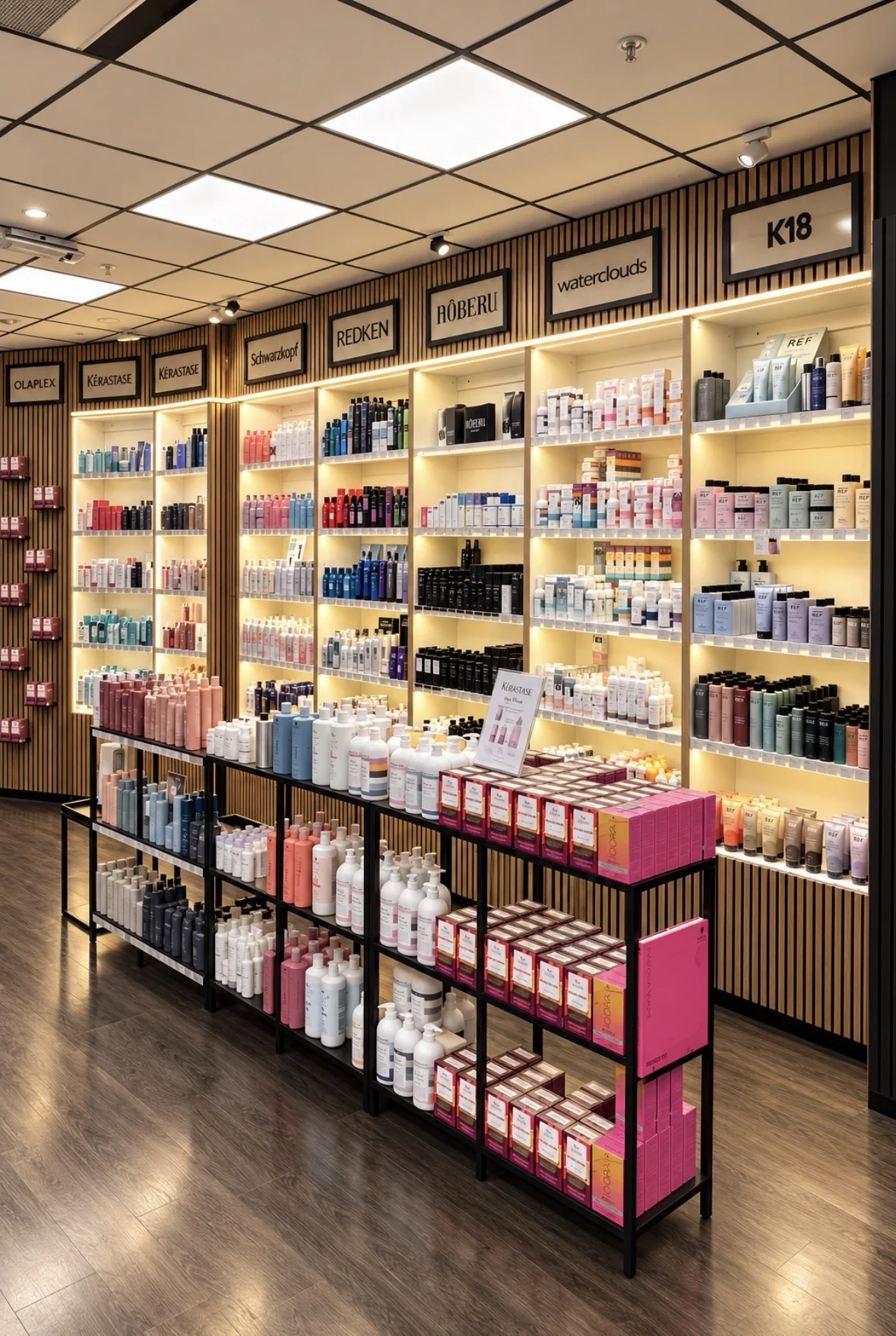 Hårvårdsprodukter i Hair Cuts belysta produkthyllor