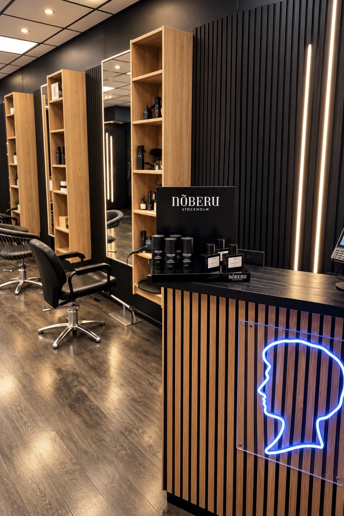 Hair Cuts receptionsdisk med träpanel och Nõberu-produkter