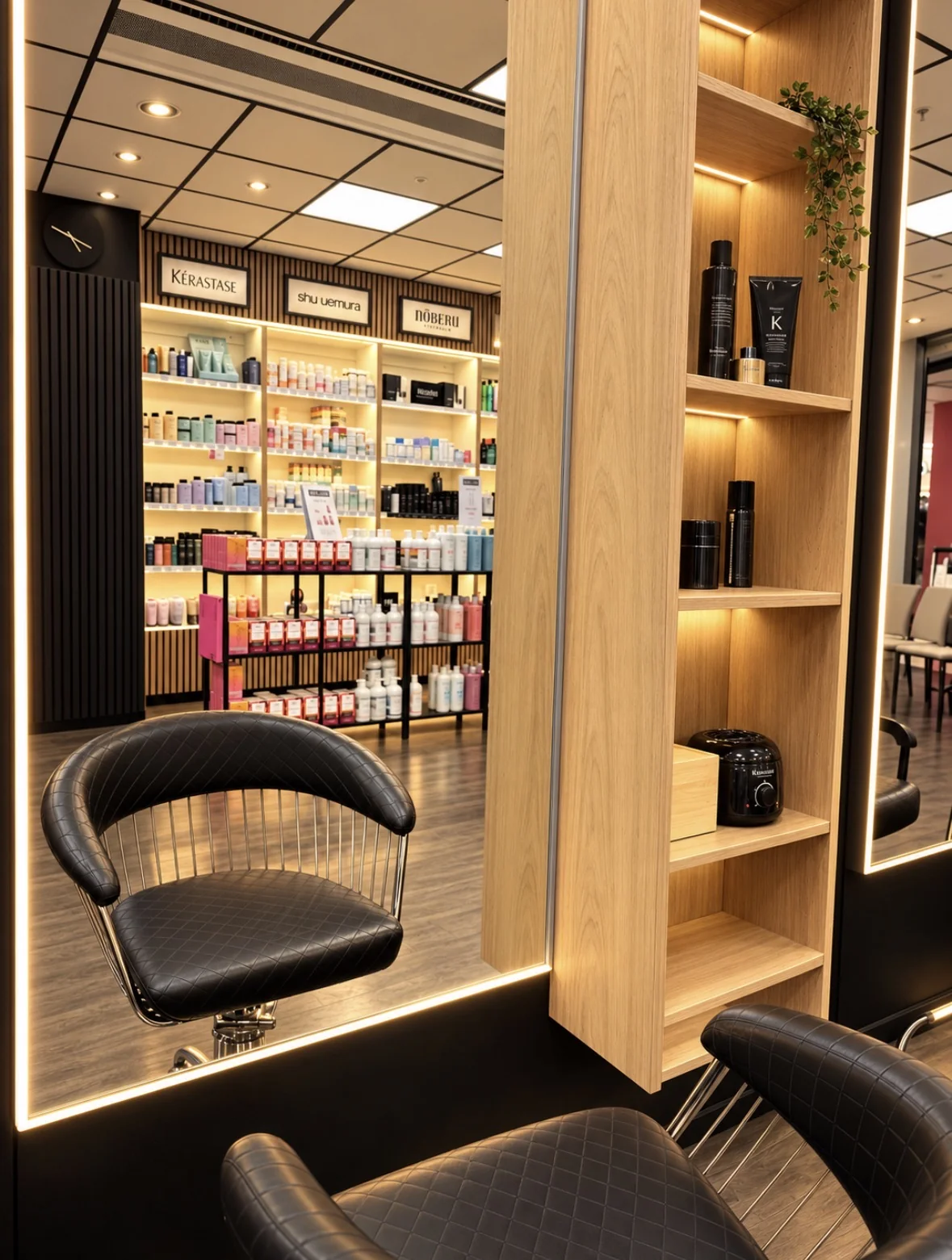 Detalj av salongens belysta speglar och arbetsstationer