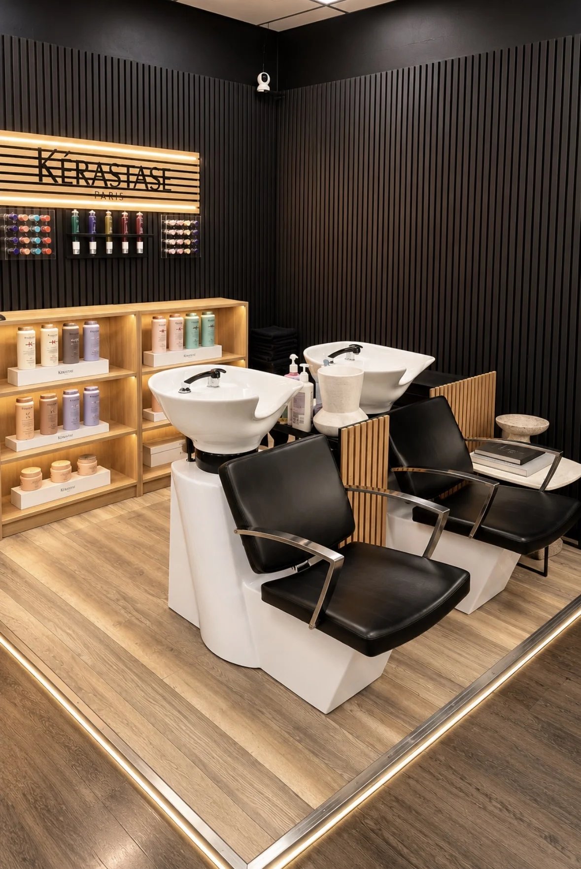 Hair Cuts tvättplatser med svarta stolar och vita tvättfat